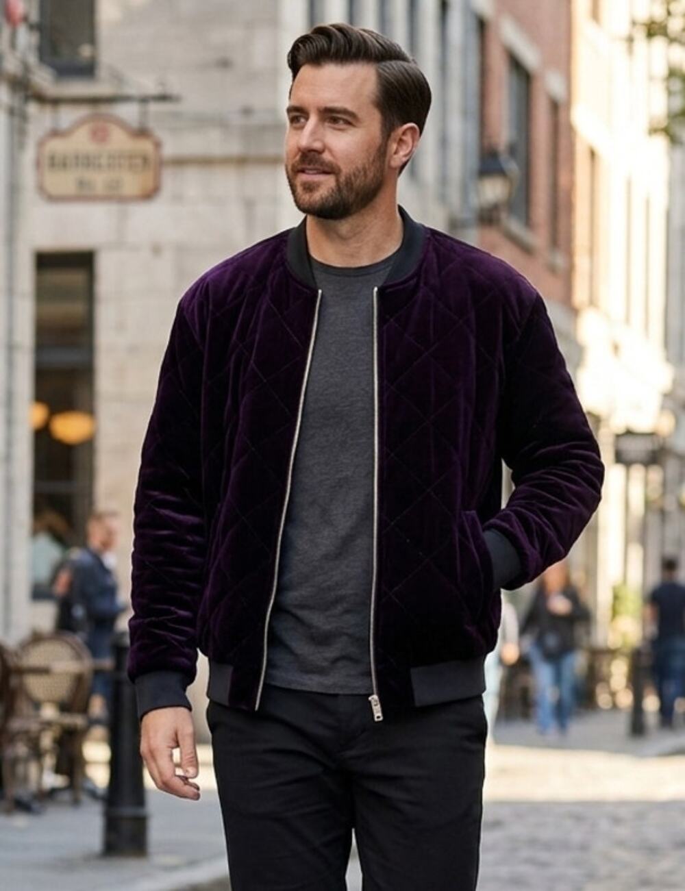 Zara Men's Quilted Velvet Bomber Jacket Purple Plum Diamond Stitch Full Zip L